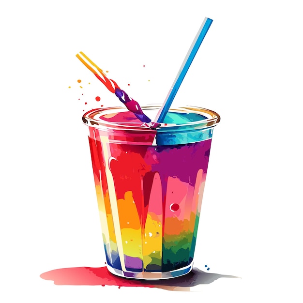 Drink with straw colorful watercolor drawing style isolated on white background