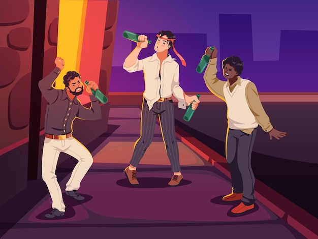 drinkers men drunk guys on street people intoxication alcoholics with bottles near nightclub or bar dangerous addiction cartoon flat illustration tidy vector addicted persons concept
