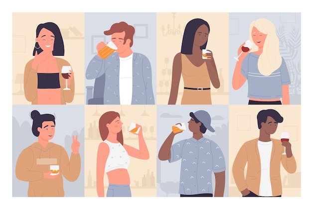 Vector drinking people  illustration set.