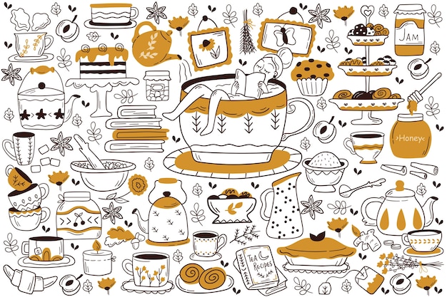 Drinking tea doodle set