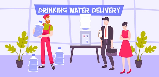 Drinking water delivery flat composition with indoor office environment faceless human characters and cooler with bottles