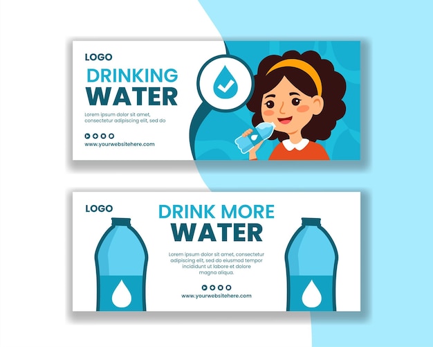 Drinking Water Horizontal Banner Flat Cartoon Hand Drawn Templates Background Illustration