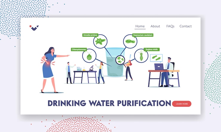 Vector drinking water purification landing page template. tiny scientists characters in laboratory learning protozoa unicellularin microorganisms in huge water glass. cartoon people vector illustration