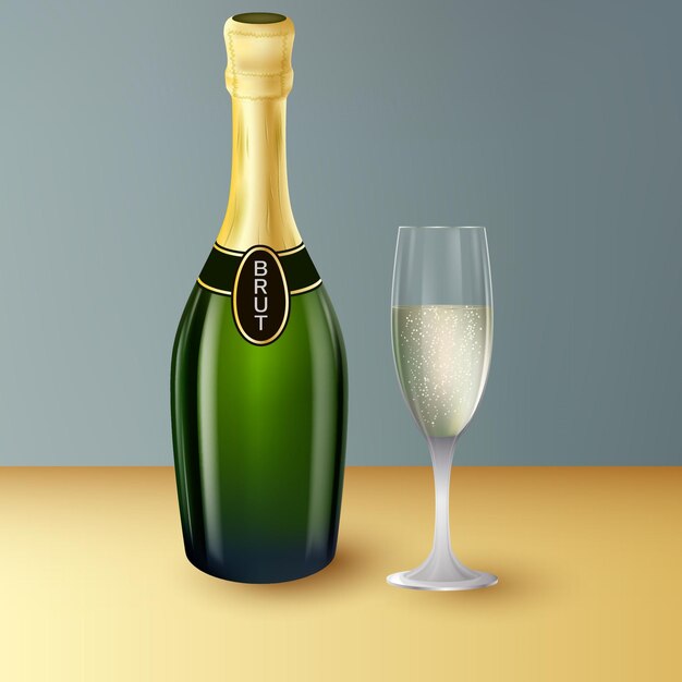 Drinks A bottle of champagne and a glass Abstract vector illustration