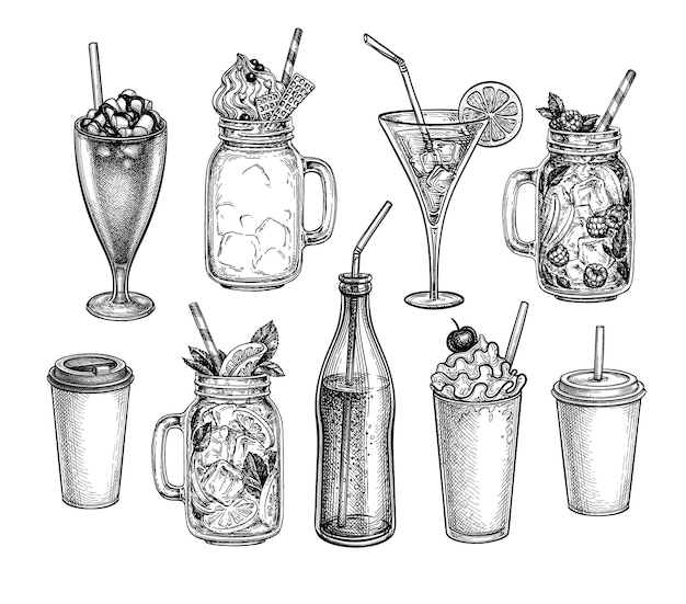 Set di bevande schizzi di inchiostro disegnati a mano