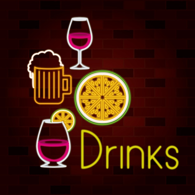 Vector drinks text and beverage set on neon sign on brick wall