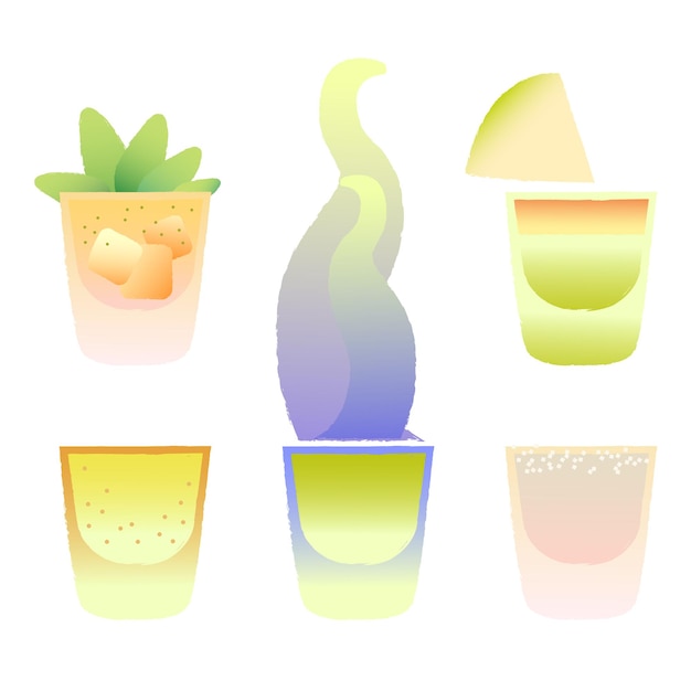 Drinks in tumbler glass. Vector set with texture and gradient. Burning cocktail