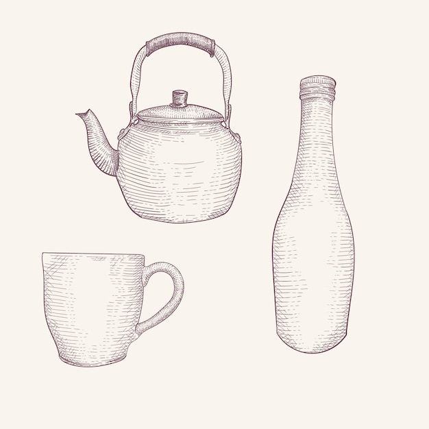 Drinkware Illustration in Vintage Classic Engraving Style