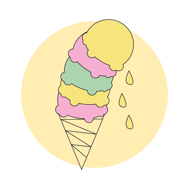 Dripping ball Ice cream in waffle cone illustration