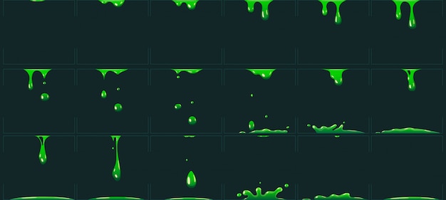 Vector dripping green slime animation. cartoon animated toxic waste liquid. acid or poison drip drop fx sprite vector illustration