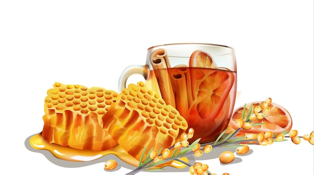 Vector dripping honeycomb with a cup of tea