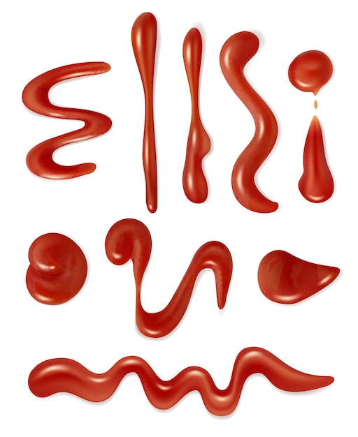 Vector dripping tomato barbecue liquid red sauce ketchup splashes decent vector illustrations collection set