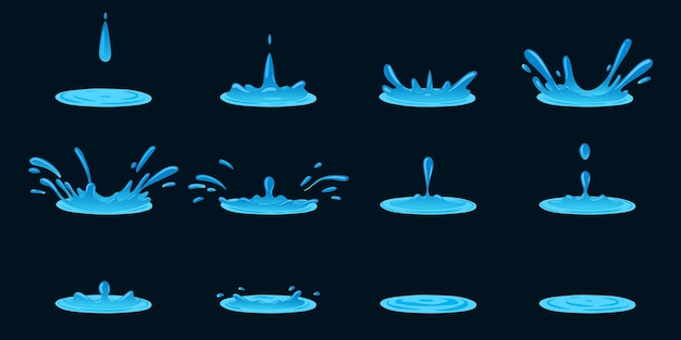 Vector dripping water animation cartoon liquid water splashes clean aqua splatter animation frames flat vector illustration set water splash sprite sheet