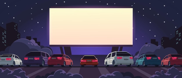 Vector drive-in cinema. open space auto theater with cartoon glowing white screen and car parking, outdoor movie at night. vector illustration automobile outdoor parking