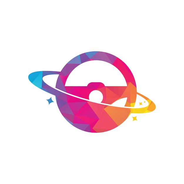 Drive planet vector logo design. Steering wheel orbit symbol or icon