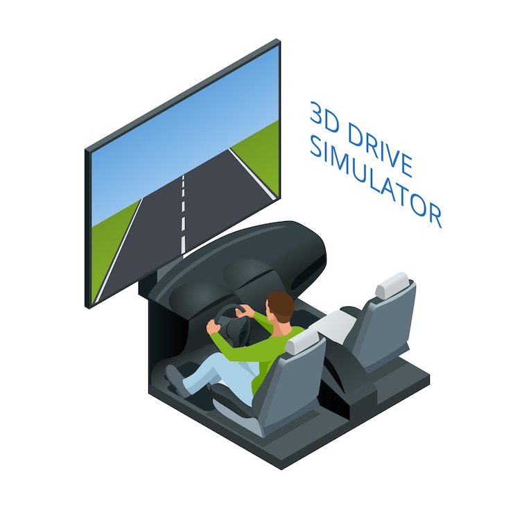 Vector drive simulator. design concept driving school or learning to drive. flat isometric illustration.