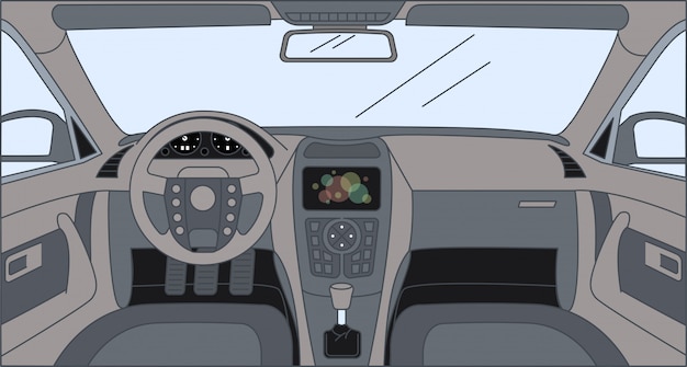 Vector driver front view with sensor panel, rudder, and front panel. interior of automobile cartoon outline illustration.