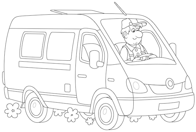 Driver in his fast delivery van black and white outline vector cartoon illustration