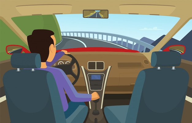 Vector driver inside his car. vector illustration in cartoon style. driver car, automobile transportation on road