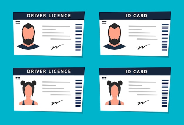 Vector driver licence and id card set document persons vector modern cartoon illustration