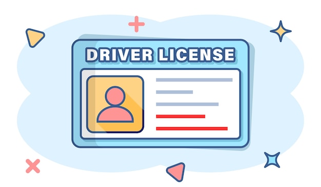 Driver license icon in comic style id card cartoon vector illustration on white isolated background identity splash effect business concept