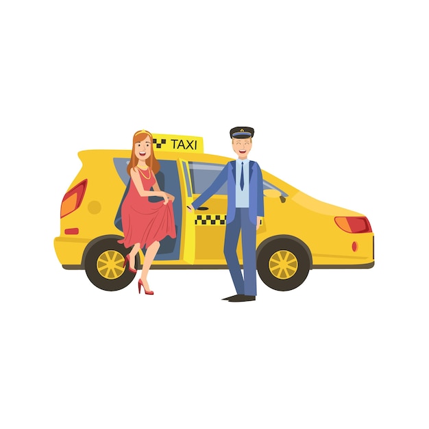 Driver Opening The Door For A Woman To Go Out From Yellow Taxi Car