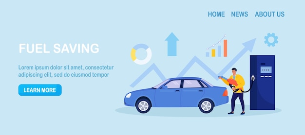 Vettore guidatore che rifornisce l'auto alla stazione di servizio con la pistola di carburante prezzo elevato del carburante per auto persone che sprecano soldi per la benzina economia di carburante e risparmio di denaro