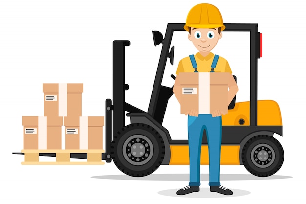 Vector driver stands with a box in his hands and a forklift with a load on a white.