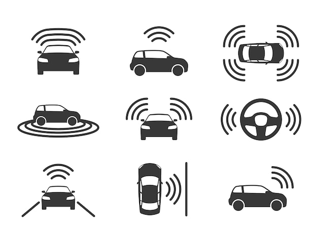 Driverless auto pictogrammen. Autonoom rijdende auto's, gps-navigatie op de weg. Slimme zelfrijdende voertuigen, elektrische robotauto, parkeersensor teken zonder bestuurder transport zwart silhouet vector geïsoleerde set