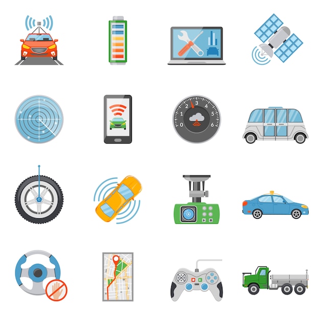 Vector driverless car autonomous vehicle icons set