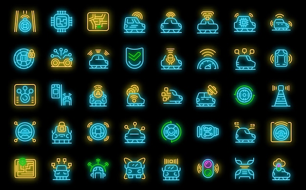 Driverless vehicle icons set outline vector Car future Drive self neon color on black