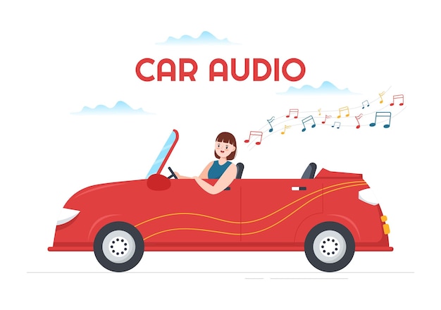 Vector driving a car listening to music with loud speakers or sound system in cartoon poster illustration