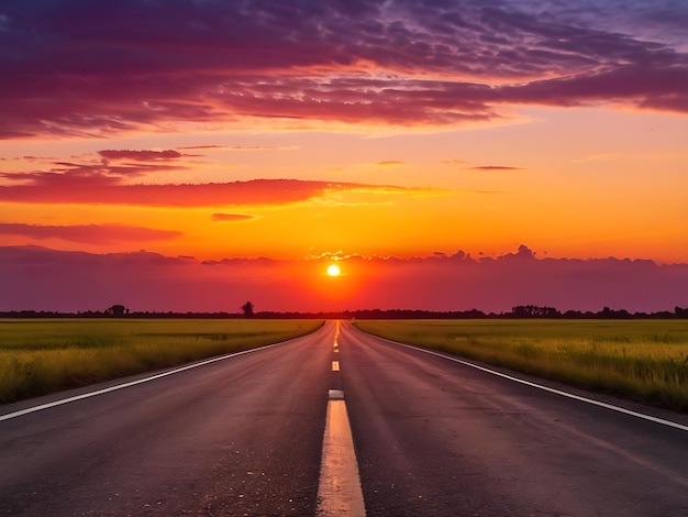 夕暮れの空のアスファルト道路を運転する