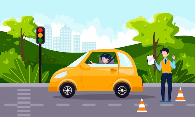 A driving instructor teach a happy young woman to drive a car. Driving school concept, driver's license, traffic rules and test. Vector flat illustration. Natural landscape on the background.