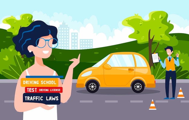 운전 강사는 여자에게 운전 학교 개념 운전 면허증 교통 규칙 테스트를 가르칩니다
