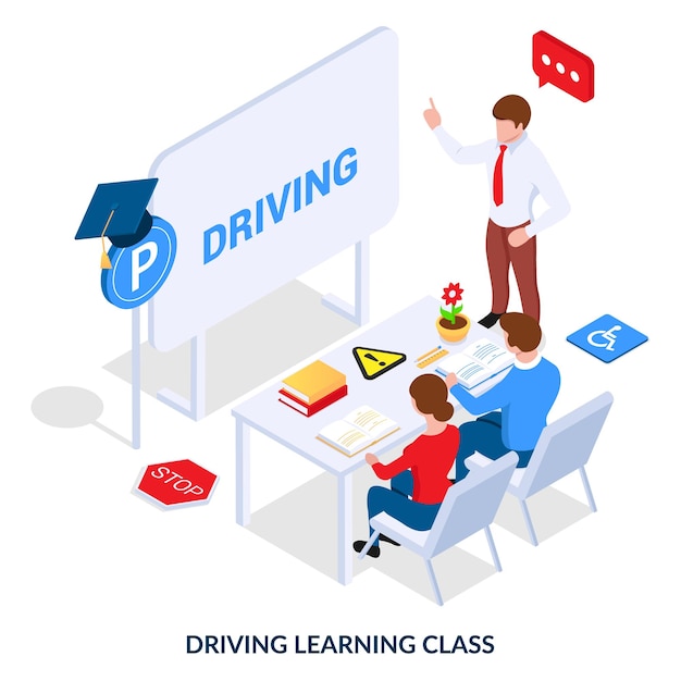 Driving lesson concept car driving learning class isometric illustration on white background