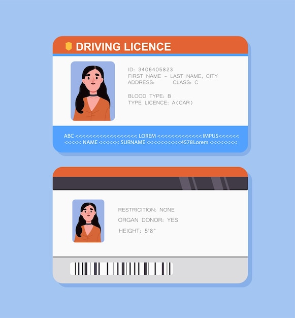 ベクトル 運転免許証のテンプレート 女性ドライバーのためのドキュメント モックアップの女性アバター idカードの若い女の子 ウェブサイトのグラフィック要素 青い背景に分離された漫画の平面ベクトルイラスト