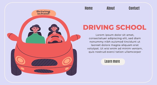 ベクトル 自動車教習所バナー女性はインストラクターと赤い車を運転フラットベクトル