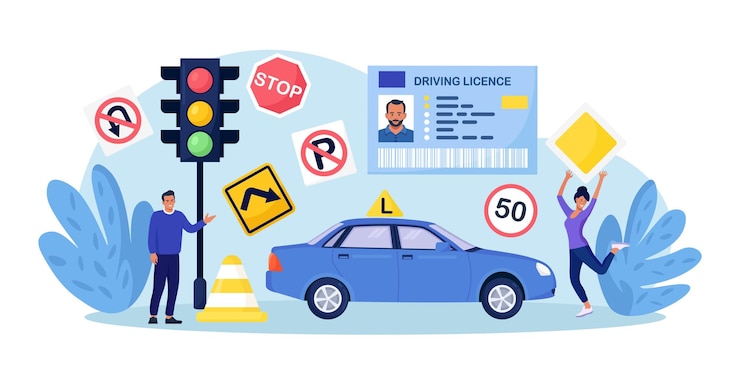 Vector driving school begginer driver learning parking on driving examination instructor checking student knowledge of traffic law road rule study of road signs receiving driver's licensetraining course
