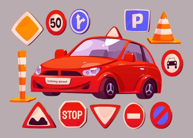 Driving school car and traffic signs