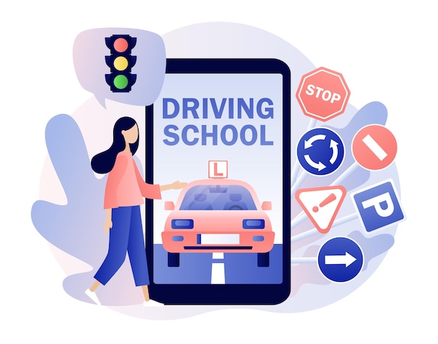 Vector driving school driver license tiny girl studying in drive lesson and passing exams online