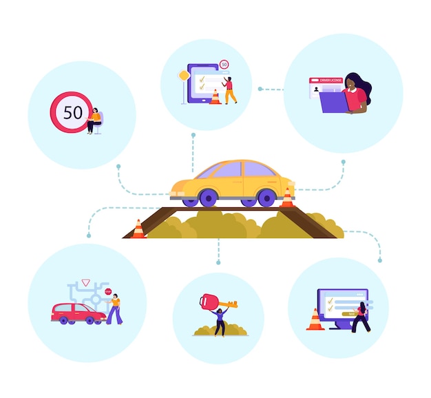 Vector driving school flat colored background car and six icon set around with signs examen at the school key in hands vector illustration