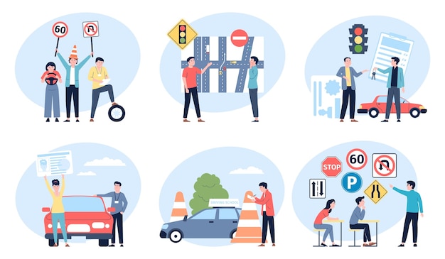 driving school lessons drivers education prepare examination and giving license people learning road safety rules flat abstract recent vector scenes