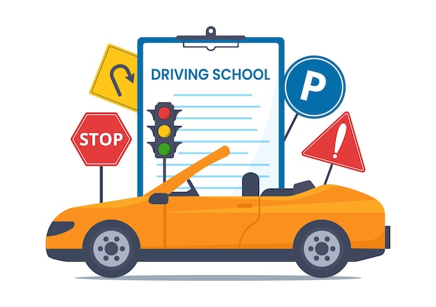 Vector driving school with education process of car learning to drive to get driver license in illustration