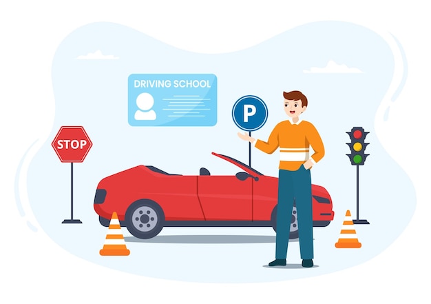 Vector driving school with education process of car learning to drive to get driver license in illustration