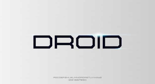 Droid, un carattere futuristico astratto di alfabeto di fantascienza con tema tecnologico. moderno design tipografico minimalista