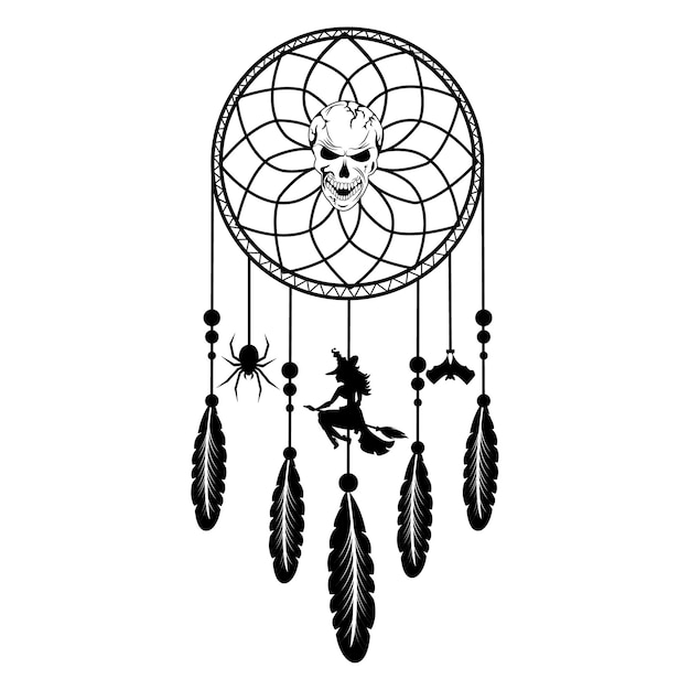 Dromenvanger met draden kralen en veren Halloween Witch Native American symbool in boho-stijl