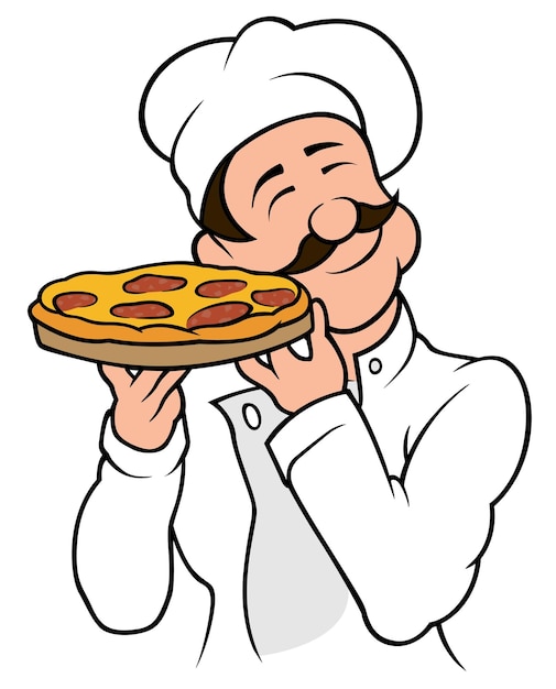 Dromerige chef-kok in wit uniform met salami pizza in handen als cartoon afbeelding