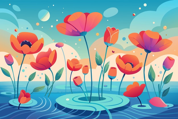 dromerige papaverbloem die in het water drijft vectorillustratie prachtige papaver bloem in het water