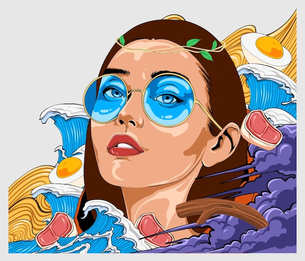 Dromerige vrouw met blauwe zonnebril en oceaangolven
